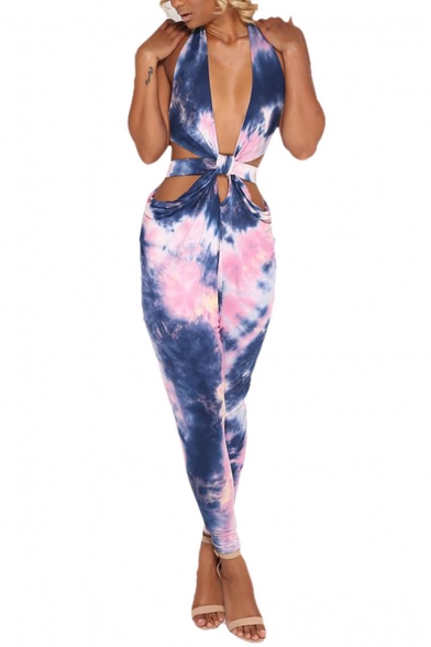 Hot Popular Womens Halter Plunge V Neck Sleeveless Backless Cutout Tie Dye Jumpsuits