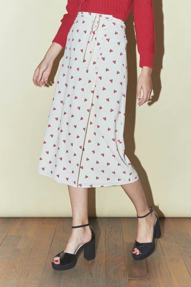 Hot Stylish Cherry Print Button Down Self-Tie Straight Midi Summer Skirt