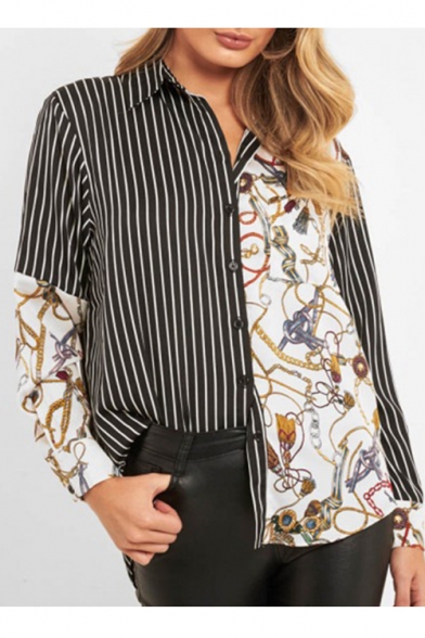 Hot Stylish Striped Chain Printed Long Sleeve Button Front V Neck Loose Shirts