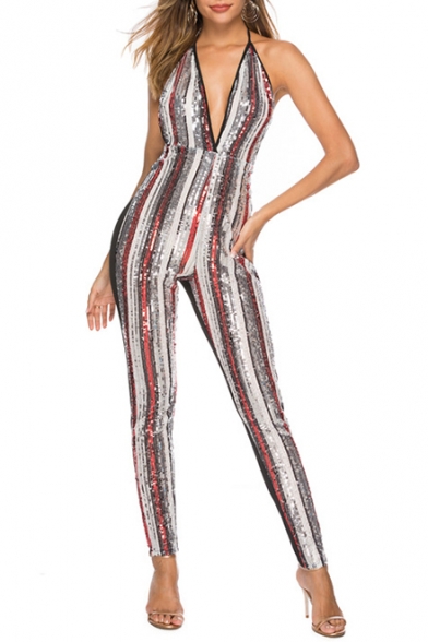 Hot Trendy Plunge V Halter Neck Sleeveless Stripped Print Crisscross Straps Skinny Fitted Nightclub Jumpsuits