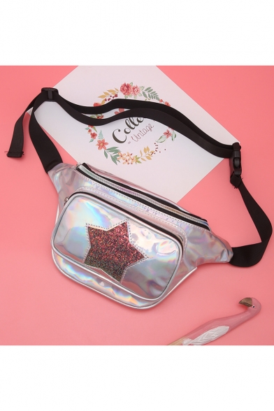 Lovely Sequined Star Patched Laser Waist Belt Bag for Girls 16*33 CM