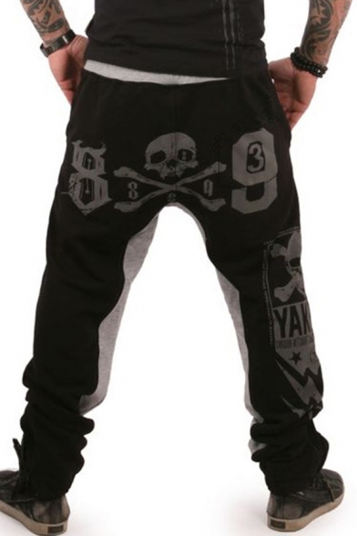 Men's Cool Fashion Colorblock Letter 89 Skull Printed Drawstring Waist Loose Fit Casual Cotton Sports Sweatpants