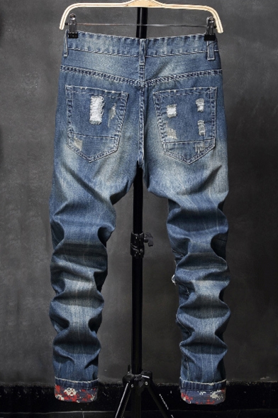 Men's Fashion Blue Washed-Denim Letter Printed Ribbon Patched Rolled Cuffs Zip-fly Ripped Jeans