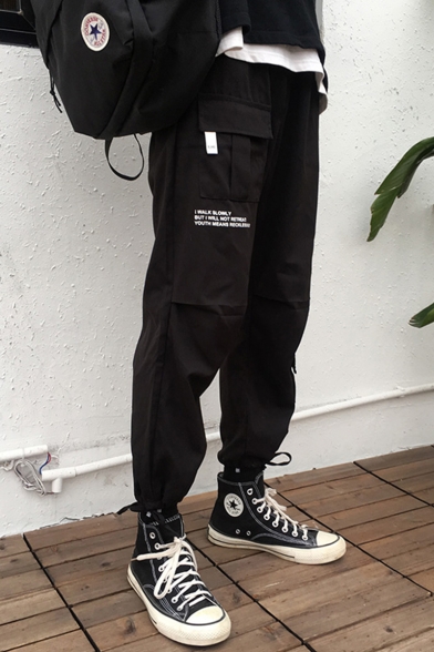Men's Hip Pop Style Letter Printed Multi-pocket Design Drawstring Cuffs Black Casual Cargo Pants