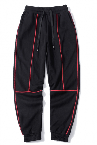 Men's New Fashion Contrast Cinch Strap Drawstring Waist Cotton Black Sweatpants