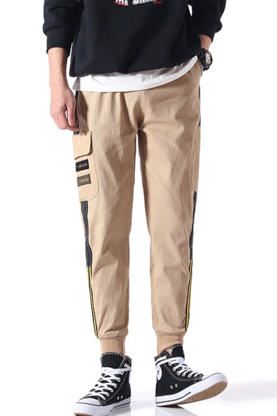 Men's New Fashion Contrast Stripe Side Flap Pocket Drawstring Waist Casual Cargo Pants