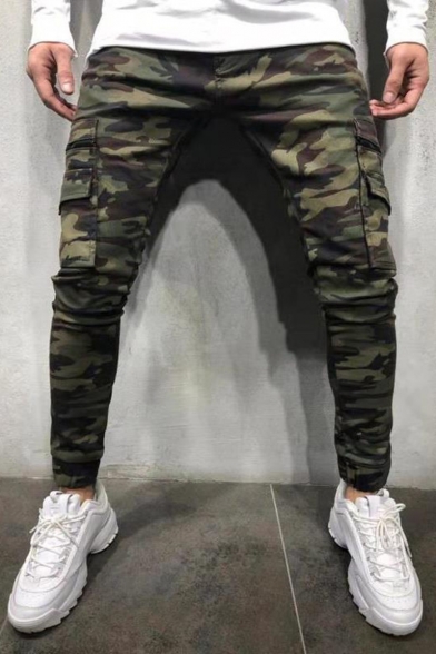 Men's New Fashion Popular Camouflage Printed Flap Pocket Side Army Green Skinny Jeans -