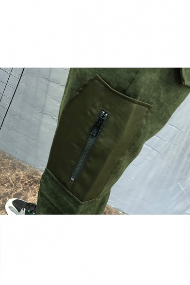 Men's New Fashion Solid Color Zipper Embellished Drawstring Waist Multi-pocket Cargo Pants
