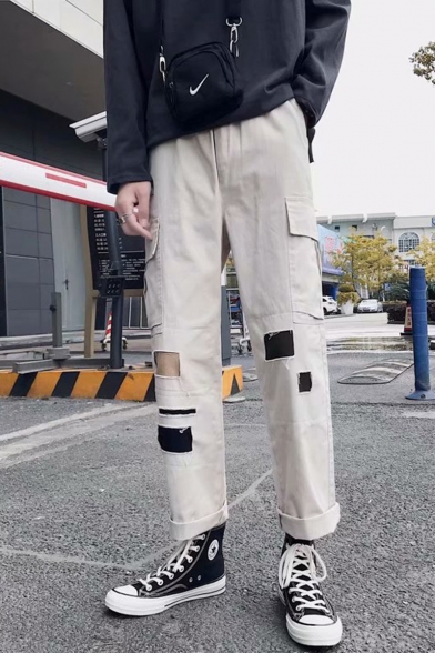 Men's New Stylish Colorblock Patched Flap Pocket Side Rolled Cuffs Straight Loose Cargo Pants