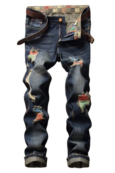 Men's New Stylish Contrast Ripped Detail Rolled Cuffs Regular Fit Vintage Blue Jeans