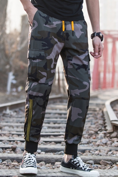 Men's New Stylish Contrast Stripe Side Flap Pocket Drawstring Waist Casual Cotton Cargo Pants