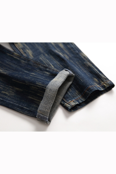Men's New Stylish Snow Washed Knee Pleated Detail Dark Blue Trendy Biker Jeans