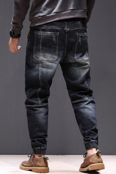 Men's New Stylish Solid Color Multi-pocket Design Elastic Cuffs Drawstring Waist Black Tapered Jeans