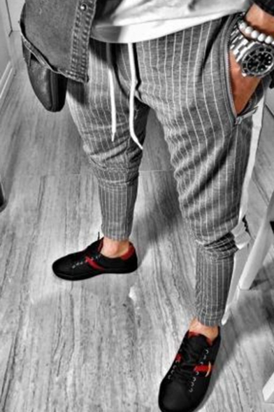 Men's Popular Fashion Pinstripe Printed Drawstring Waist Slim Fit Cotton Pencil Pants
