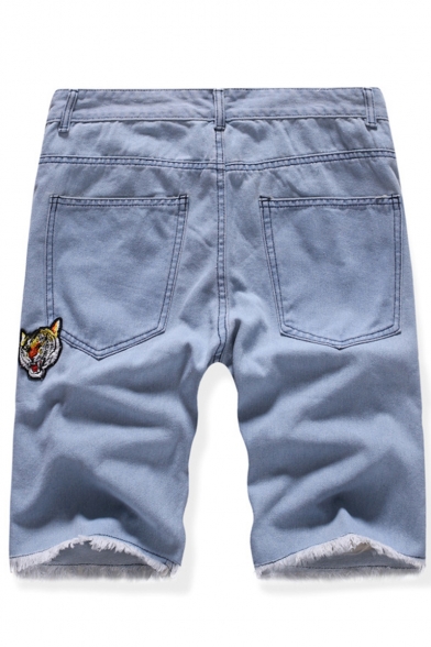 Men's Popular Fashion Ripped Detail Fringed Trim Embroidery Patched Stretch Fit Light Blue Denim Shorts