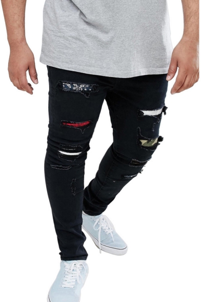 Men's Stylish Patched Distressed Ripped Black Skinny Fit Torn Jeans