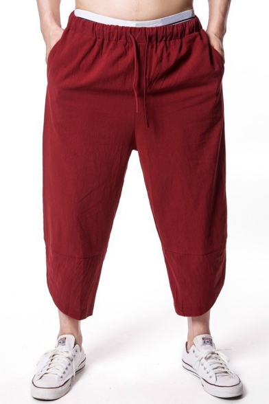 Men's Summer Linen Simple Plain Drawstring Waist Cropped Carrot Pants