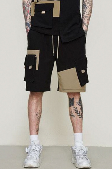 Men's Summer Trendy Colorblock Multi-pocket Design Drawstring Waist Sports Cargo Shorts