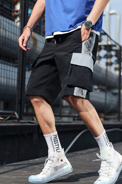Men's Summer Trendy Street Style Letter Printed Large Flap Pocket Side Drawstring Waist Casual Loose Cargo Shorts