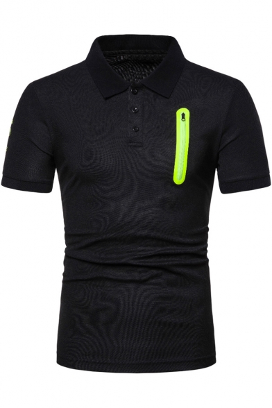 Mens Chic Contrast Zipper Pocket Three-Button Front Short Sleeve Slim Fitted Polo Shirt
