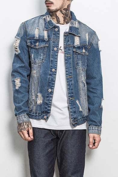 WUAI 2020 New Mens Jean Denim Jacket Casual Vintage Distressed Ripped Holes Fashion Slim Fit Tops