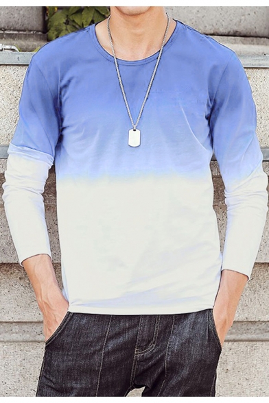 Mens New Fashion Ombre Color Round Neck Long Sleeve Casual Fitted T-Shirt