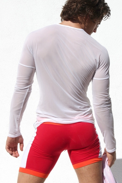 Mens Sexy Round Neck Long Sleeve Transparent Mesh Slim Fitted T-Shirt