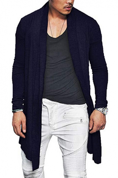 Mens Simple Plain Long Sleeve Open Front Slim Fitted Longline Cardigan Coat