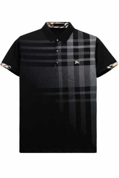 Mens Stylish Ombre Plaid Printed Short Sleeve Casual Fitted Polo Shirt