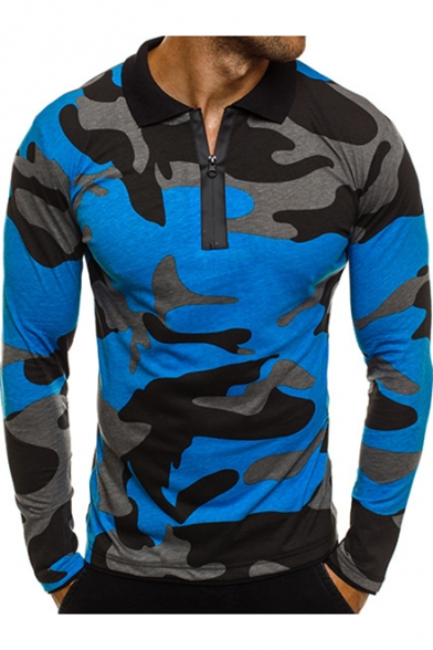 Mens Trendy Camo Printed Half-Zip Front Slim Fitted Long Sleeve Polo Shirt