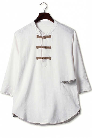 Mens Vintage Chinese Style Frog Button Front Three-Quarter Sleeve Loose Leisure Linen Shirt Blouse