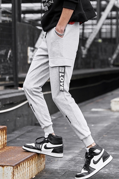 New Fashion Letter 11 Embroidery LOVE Ribbon Embellished Drawstring Waist Casual Sweatpants with Side Flap Pockets