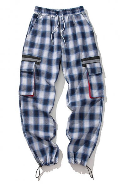 New Fashion Plaid Pattern Stripe Patched Flap Pocket Men's Casual Cotton Drawstring Cargo Pants