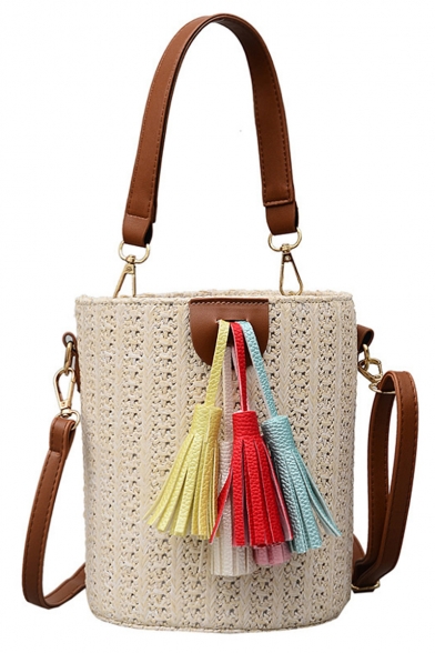 New Fashion Plain Colored Tassel Embellishment Straw Bucket Handbag 20*16*16 CM