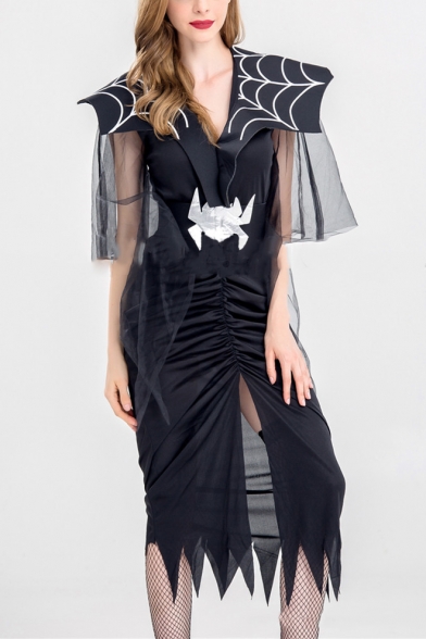 New Stylish Halloween Spider Belt Mesh Patch Sleeve V Neck Split Front Asymmetric Hem Midi Dress
