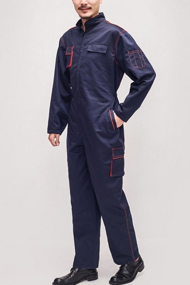 New Stylish Long Sleeve Simple Plain Zip Up Navy Mechanic Coveralls for Men