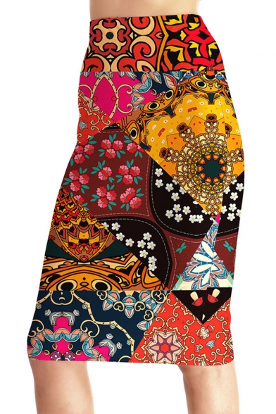 New Trendy Tribal Print High Waist Midi Pencil Skirt for Women