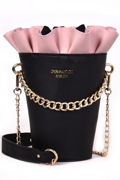 Personalized Fashion Colorblock Ruffled Embellishment Crossbody Bucket Bag With Chain Strap 16*20*9 CM