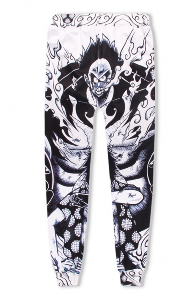Popular Fashion Anime Figure Printed Drawstring Waist Black and White Casual Sport Sweatpants