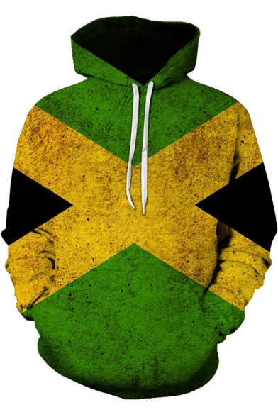 Popular Green and Yellow Cross Letter X Print Loose Casual Pullover Drawstring Hoodie