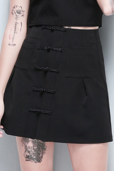 Punk Style Vintage Frog Button Down Plain Mini A-Line Black Skirt for Girls