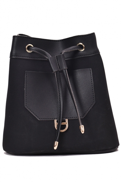 Simple Fashion Solid Color Leather Patched Frosted Drawstring Bucket Bag 21*23*15 CM