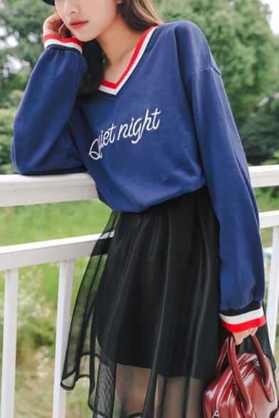 Simple Letter QUIET NIGHT Embroidery Striped V-Neck Long Sleeve Cotton Sweatshirt