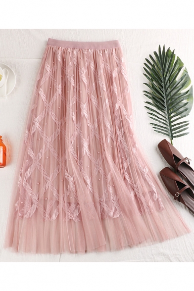 

Spring Girls Chic New Fashion Simple Plain Double Layered Mesh Beading Embellished Floral-Embroidered Maxi Elastic Waist A-Line Skirt, LM545724, Black;pink;white;apricot;gray