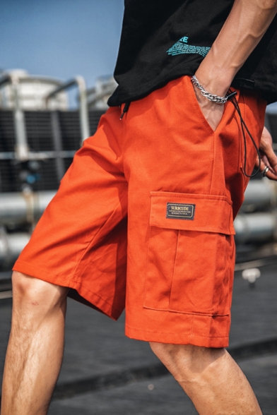 Street Style Trendy Plain Flap Pocket Drawstring Waist Loose Fit Casual Cargo Shorts