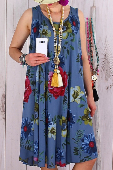 Summer Chic Fashion Floral Printed Round Neck Sleeveless Loose Midi Tank Dress