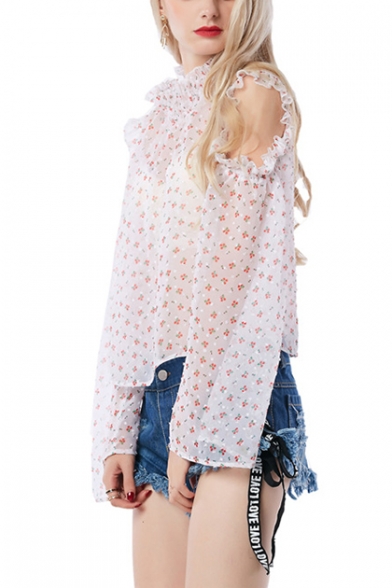 Summer Chic Floral Printed Ruffle Stand Collar Cutout Long Sleeve Sheer Blouse Top