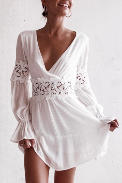 Summer Chic Hollow Out Lace-Panel Surplice V-Neck Long Sleeve White Mini A-Line Dress