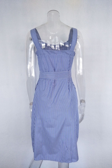 Summer Comfort Cotton Fashion Vertical Stripe Square Neck Sleeveless Tied Waist Button Down Midi Dress