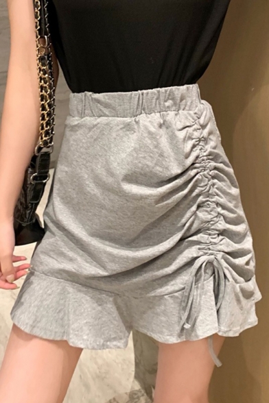 Summer Designer Drawstring Ruched Side High Rise Mini Plain A-Line Ruffled Skirt
